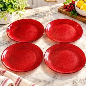 Akcam Red Glitter Glass Salad Plates 8” Set of 4 Turkish Holiday Christmas
